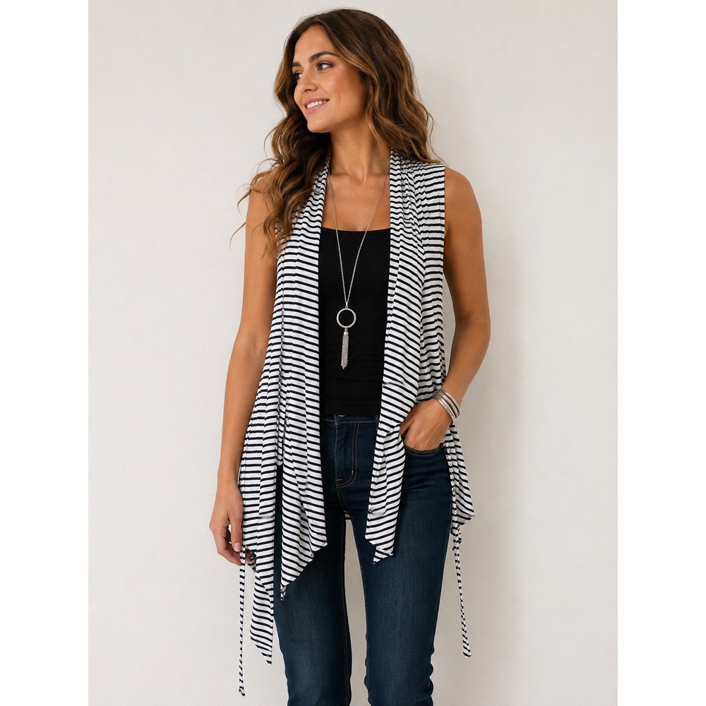 Aqua Black White Striped Draped Open Front Vest Sleeveless Tie Back Size L
